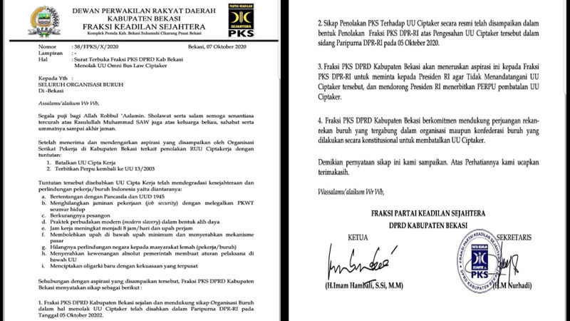 PKS | Dukung Buruh, F-PKS DPRD Kabupaten Bekasi Buat Surat Terbuka Tolak UU Ciptaker